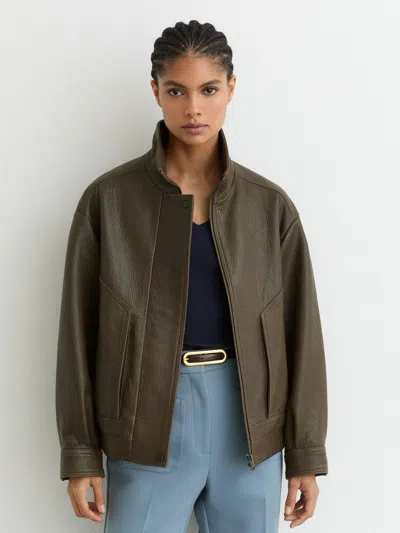 Reiss Khaki Green Petite Oversize Grained-leather Bomber Jacket