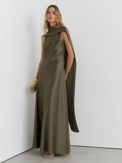 Reiss Khaki Green Petite Satin Cape Maxi Dress