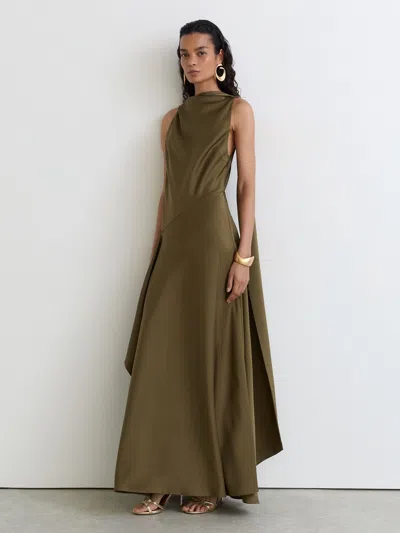 Reiss Khaki Green Petite Satin Cape-detail Maxi Dress