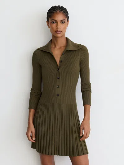 Reiss Khaki Green Rib-knit Pleated Half-button Mini Dress