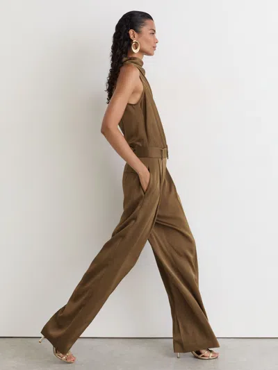 Reiss Khaki Green Satin Cowl-neck Wide-leg Jumpsuit In Silver