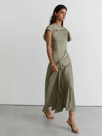Reiss Khaki Green Satin Drape-detail Midi Dress