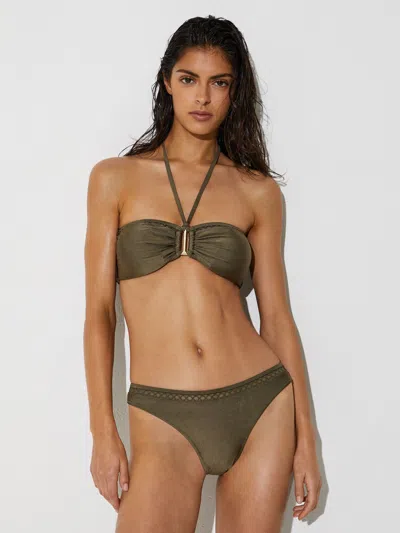 Reiss Khaki Green Shimmer Fixed-side Bikini Bottoms