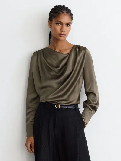 Reiss Khaki Green Silk Cowl-neck Long-sleeve Blouse In Brown