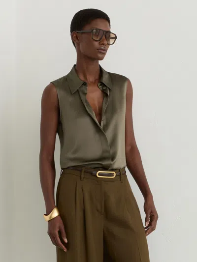 Reiss Khaki Green Silk Sleeveless Shirt