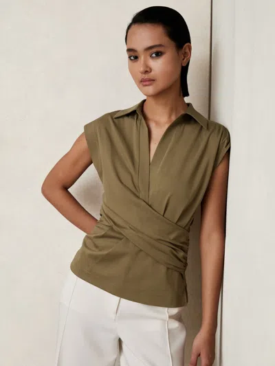 Reiss Khaki Green Stretch-cotton Wrap-front Collar Top