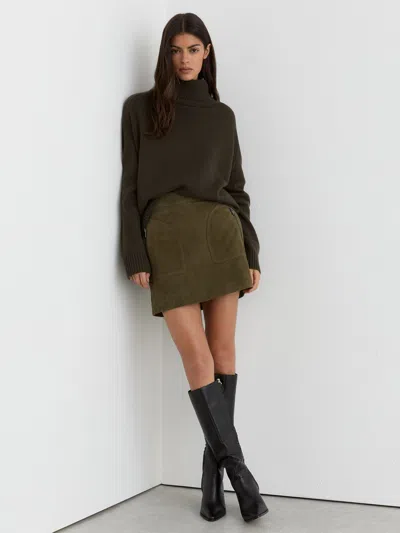 Reiss Khaki Green Suede Zip-pocket Mini Skirt In Brown