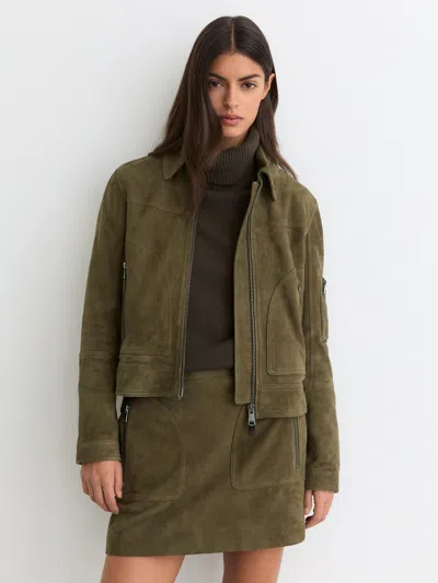 Reiss Womens Tate Long-sleeve Suede Jacket Khaki Green In Gray