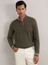 Reiss Khaki Green Half-zip Cable Knit Jumper With Wool