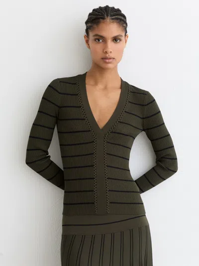Reiss Khaki Green/black Stripe Craft-stitch Rib-knit Top