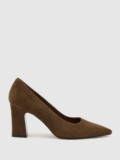 Reiss Khaki Louisa Suede Block-heel Court Shoes In Multi