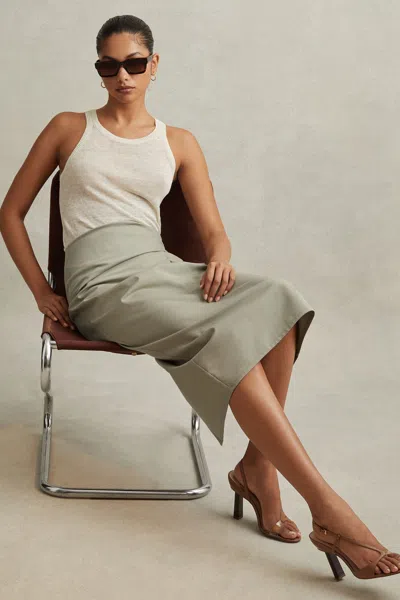 Reiss Khaki Cotton Blend Wrap Front Midi Skirt