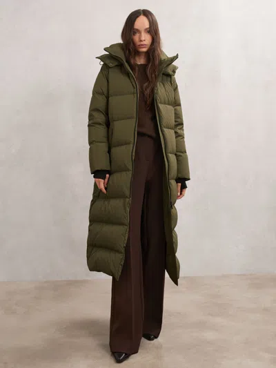 Reiss Khaki Petite Belted Longline Hooded Puffer Coat In Green