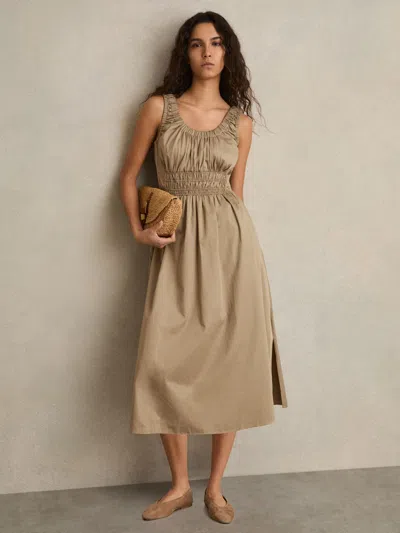Reiss Khaki Petite Cotton Craft-stitch Shirred Midi Dress In Brown