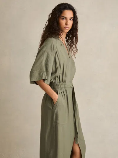 Reiss Khaki Petite Shirred-waist Midi Shirt Dress In Green