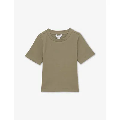 Reiss Kids' Khaki Round-neck Short-sleeve Ribbed Cotton-jersey T-shirt 4-9