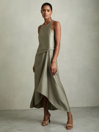 REISS REISS KHAKI MICAH SATIN DRAPE TUCK MIDI DRESS