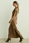 Reiss Khaki Satin Short-sleeve Midi Dress In Khaki