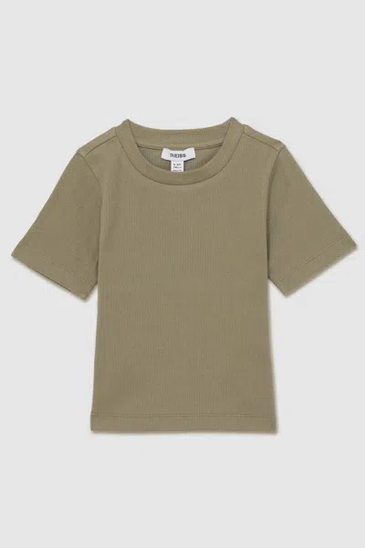 Reiss Khaki 13-14 Yrs Cotton-jersey Ribbed Short-sleeve T-shirt