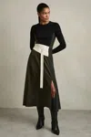 Reiss Khaki/black Rib-knit Panelled Belted Midi Dress In Khaki/black