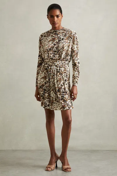 Reiss Womens Khaki/cream Jala Graphic-print Long-sleeve Jersey Mini Dress