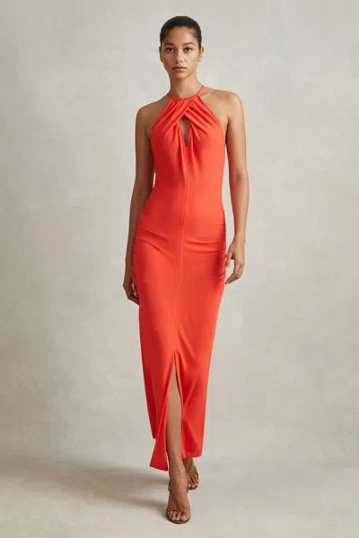 Reiss Kia - Orange Jersey Halter Neck Midi Dress, Us 10