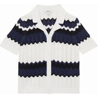 Reiss Kids' Alba Sr. Stripe Open Stitch Cotton Polo Sweater In Navy