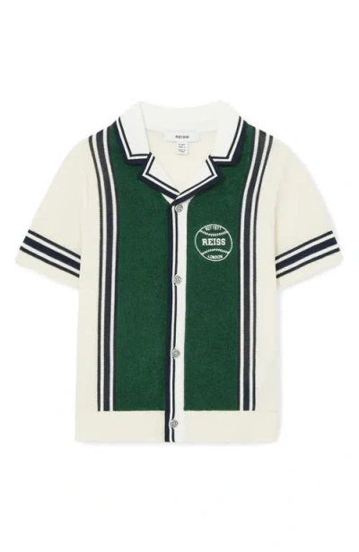 Reiss Kids' Appling Sr. Stripe Cotton Button-up Polo Sweater In Green/off White