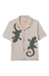Reiss Kids' Reggie Jr. Lizard Appliqué Camp Shirt In Stone/ Green