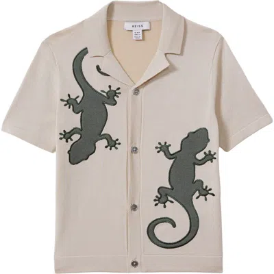 Reiss Kids' Reggie Jr. Lizard Appliqué Camp Shirt In Stone/green