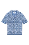Reiss Kids' River Jr. Tile Pattern Short Sleeve Knit Button-up Shirt In Blue