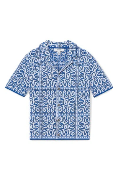 Reiss Kids' River Jr. Tile Pattern Short Sleeve Knit Button-up Shirt In Blue/white