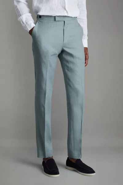 Reiss Kin - Aqua Blue Slim Fit Linen Adjuster Trousers, 28