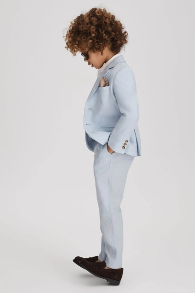 Reiss Kids' Kin - Soft Blue Senior Slim Fit Linen Adjustable Trousers, Uk 9-10 Yrs