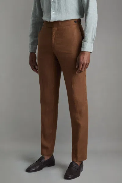 Reiss Kin - Tobacco Brown Slim Fit Linen Adjuster Trousers, 38