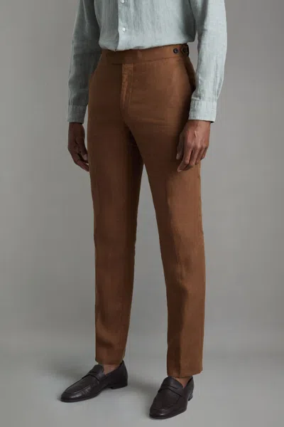Reiss Tobacco Brown Linen Tapered Trousers Slim-fit