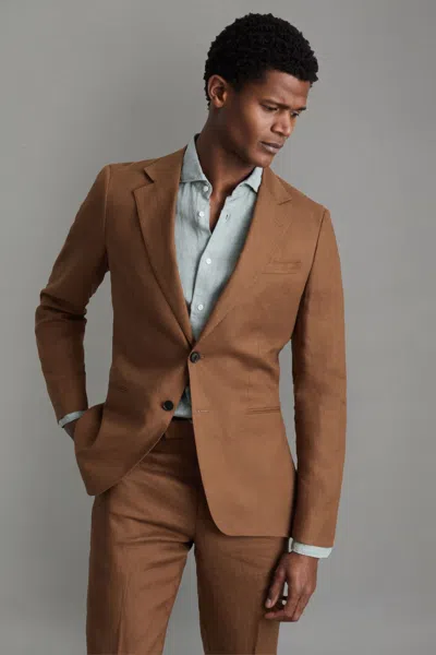 Reiss Tobacco Brown Slim Fit Single Breasted Linen Blazer