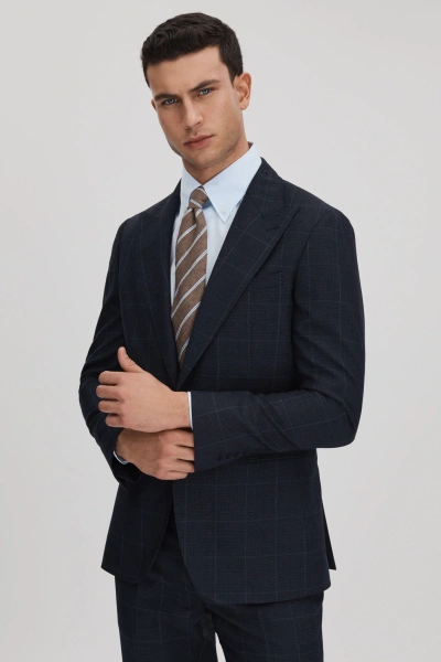 Reiss Navy Wool Check Single Breasted Slim Fit Blazer