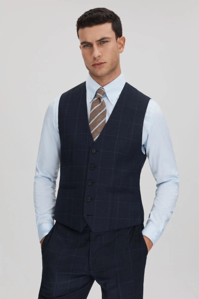 Reiss Klink - Navy Wool Check Single Breasted Waistcoat, 40