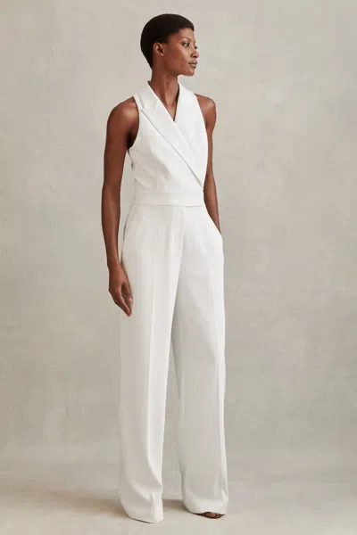 Reiss White Petite Double Breasted Satin Tux Jumpsuit In White