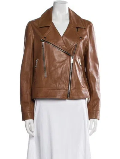 Pre-owned Reiss Lamb Leather Biker Jacket In Brown