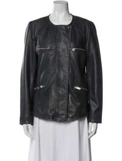 Pre-owned Reiss Lamb Leather Biker Jacket In Gray