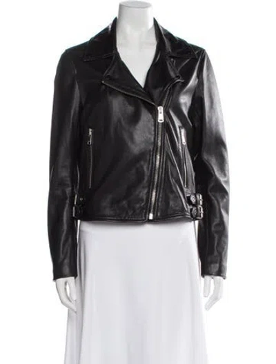 Pre-owned Reiss Lamb Leather Biker Jacket In Gray