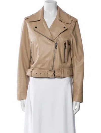 Pre-owned Reiss Lamb Leather Biker Jacket In Neutral