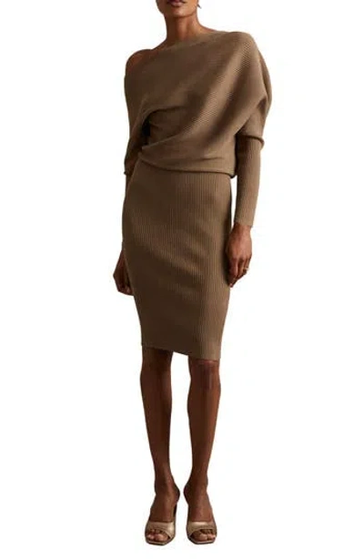 Reiss Lara One-shoulder Long Sleeve Sweater Dress In Mink