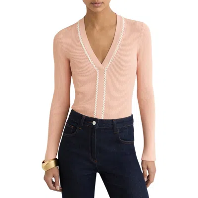 Reiss Womens Pink Ivory Lauri Craft-stitch Ribbed-knit Top Xs