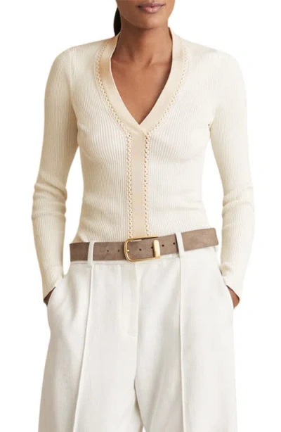 Reiss Womens Lauri Craft-stitch Ribbed-knit Top Ivory In Neutral