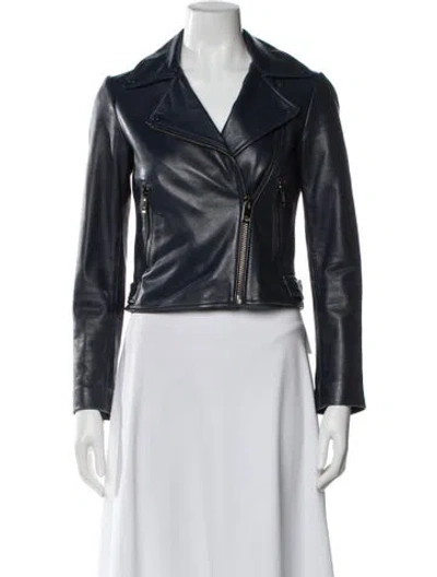 Pre-owned Reiss Leather Biker Jacket In Blue