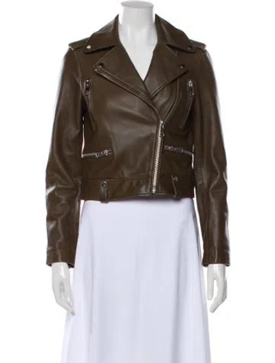Pre-owned Reiss Leather Biker Jacket In Brown