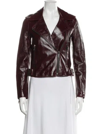 Pre-owned Reiss Leather Biker Jacket In Burgundy